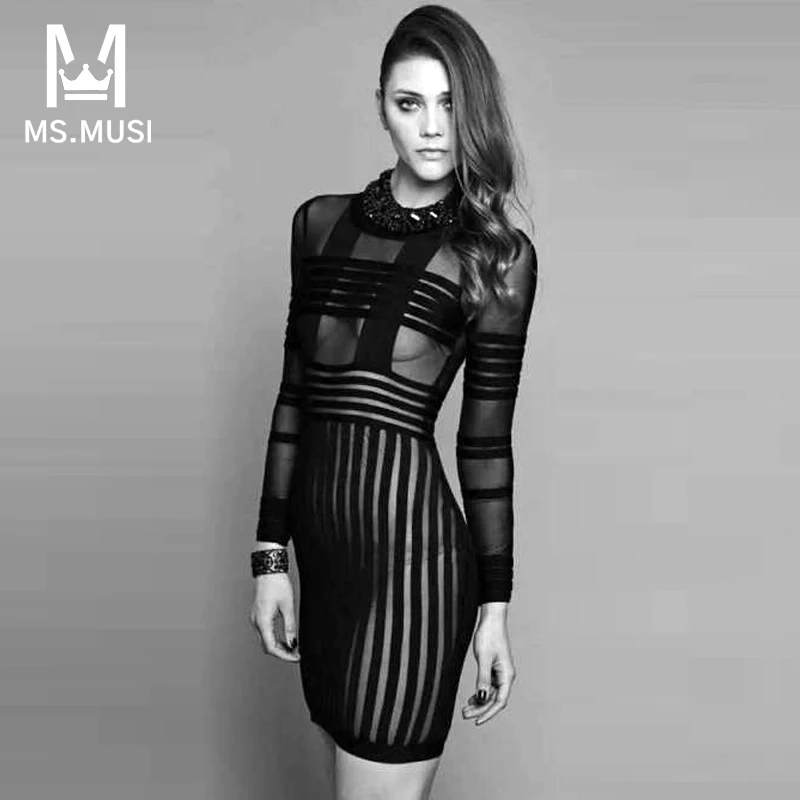 

Новинка 2023, модное женское сексуальное Сетчатое платье MSMUSI в полоску с длинным рукавом и открытой спиной, облегающее мини-платье