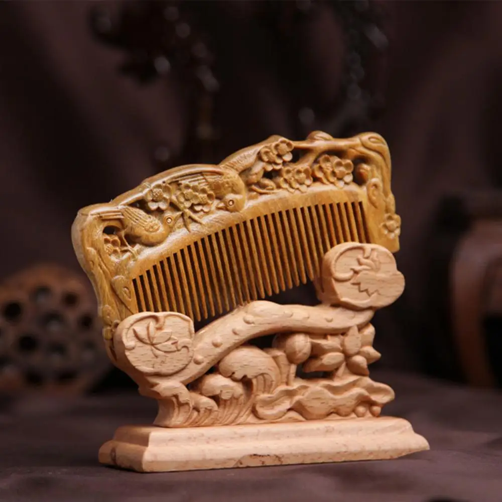 

Hair Brush Comb Pocket Carved Wooden Natural Anti-static Massage Health Care