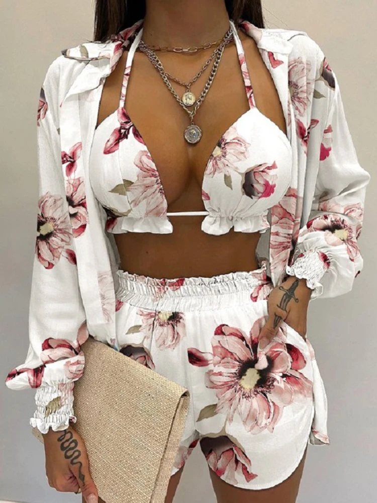 

Fashion New Women Three-piece 2022 Summer Sexy Wrap Chest lace-up Tops Long-sleeved Shirts Shorts Suits Casual Beach Party Wear