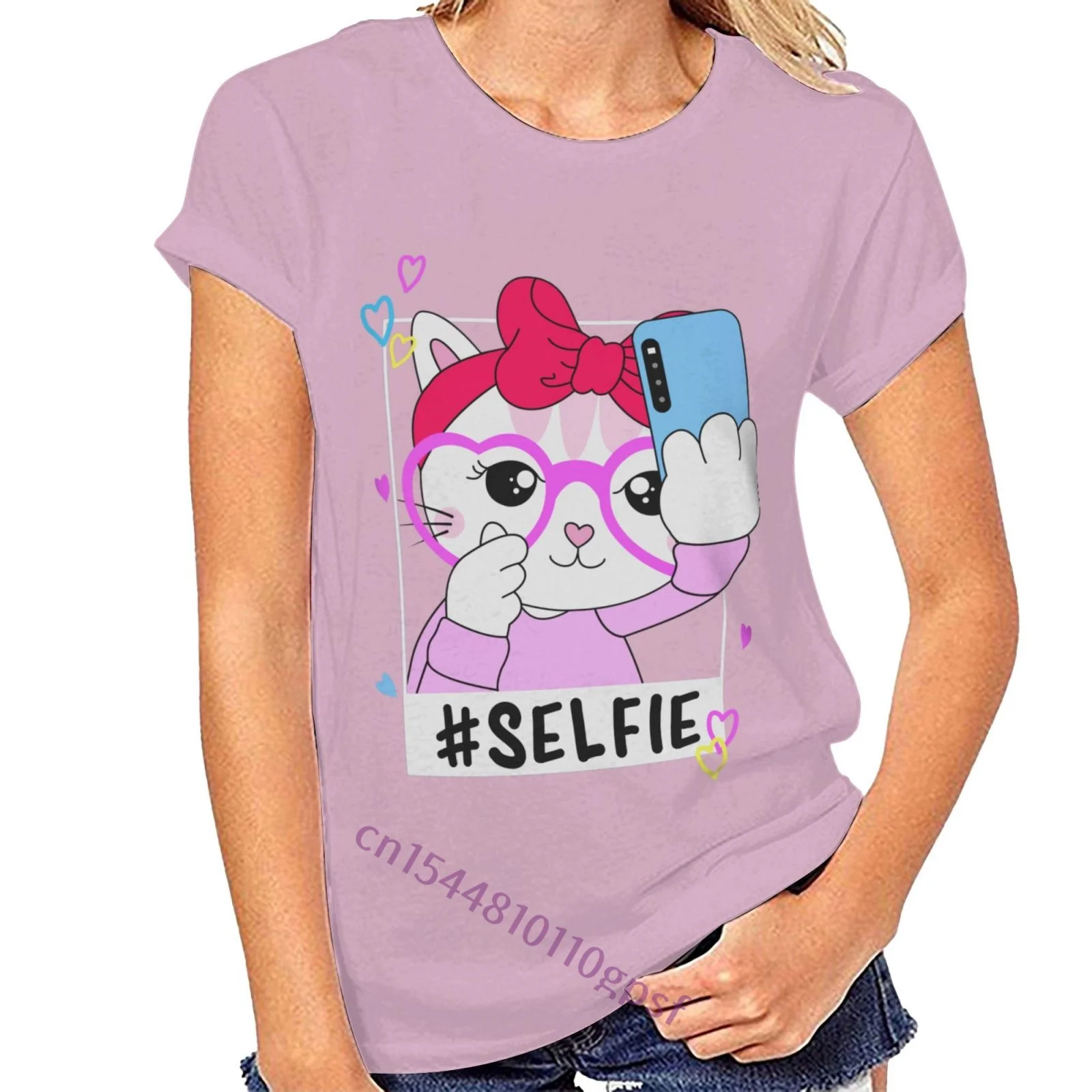

T-Shirt Cotton Tee Shirt Hand Drawn Cute Cat For Selfie Pink Men'S Short Sleeve O-Neck Summer Tops Tees T Shirt