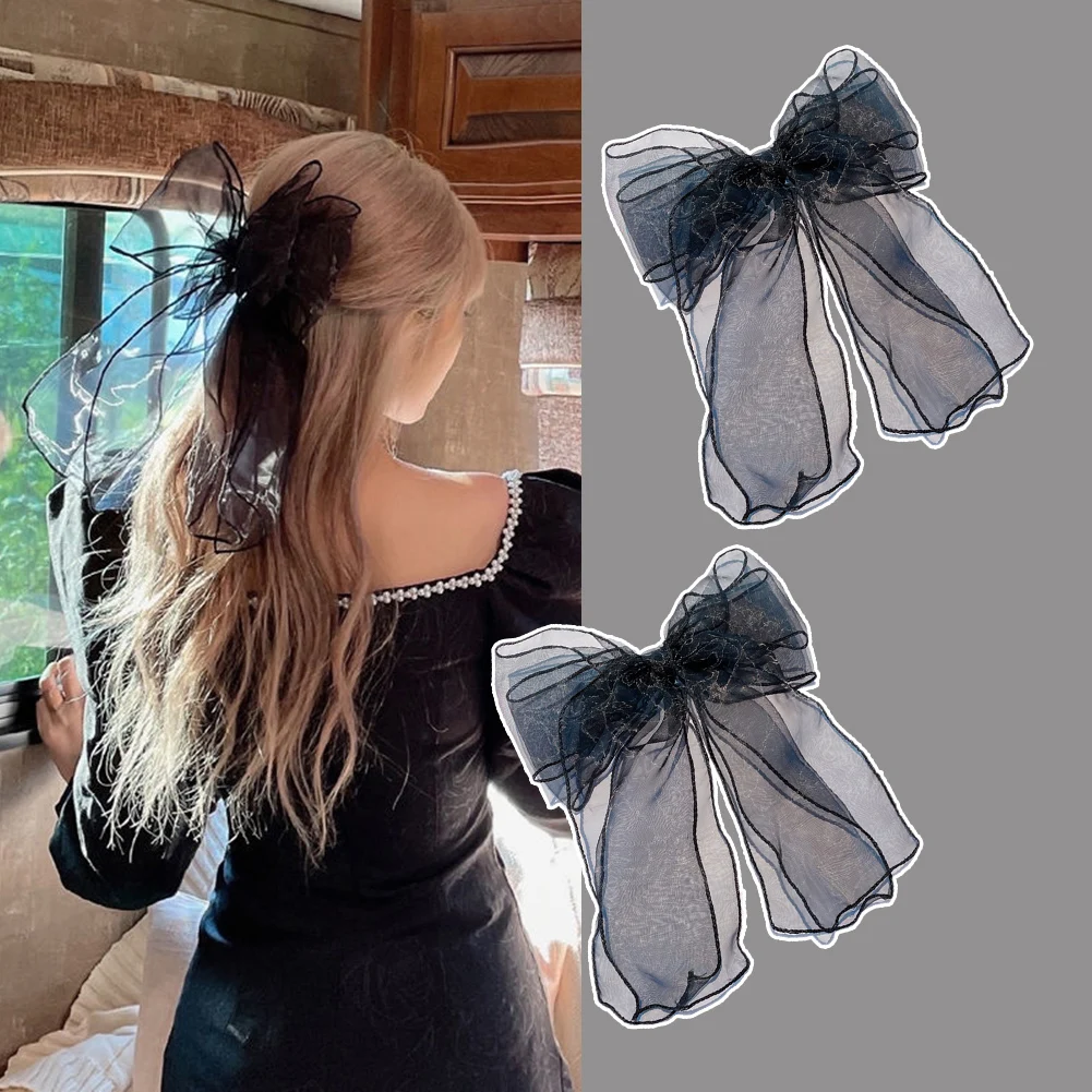 

2022 New Oversize Organza Bow Hair Clip Korea Lace Ribbon Hairpin Woman Girls Curly Waves Net Yarn Large Sweet Hair Accessories