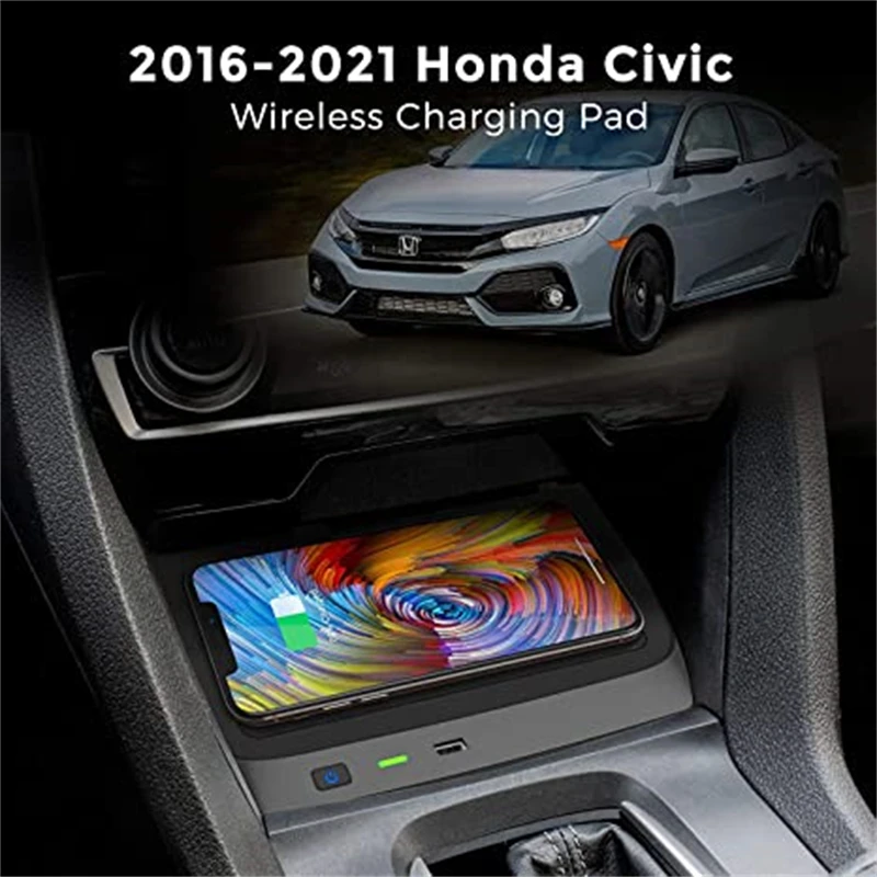 Беспроводное зарядное устройство для Honda Civic 2016-2021 с USB-портом 10-го поколения для хэтчбека Si Coupe Type R, аксессуары 2020 2019 2018 2017.