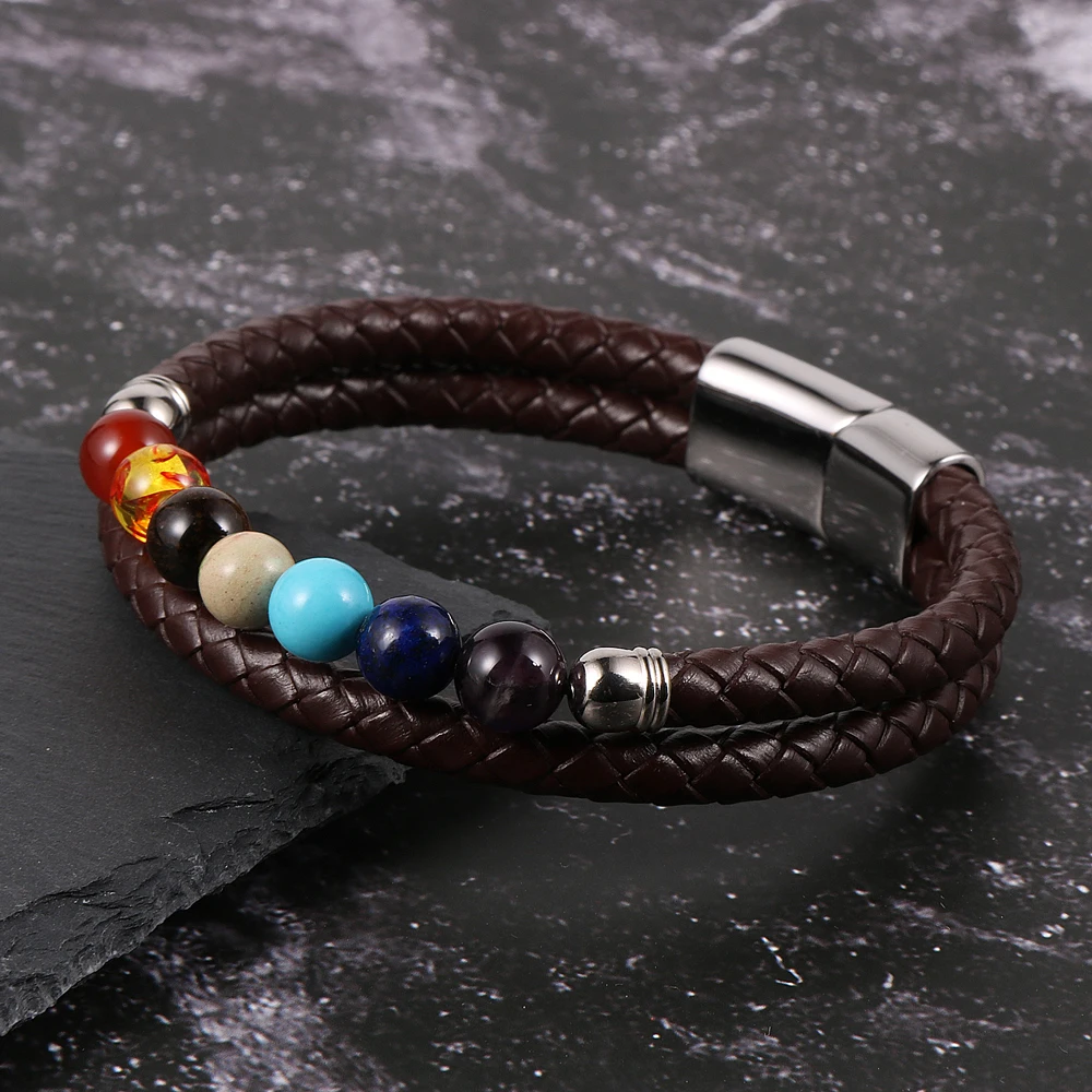 Мужские и женские браслеты из натуральной кожи 7 чакр магнитная пряжка