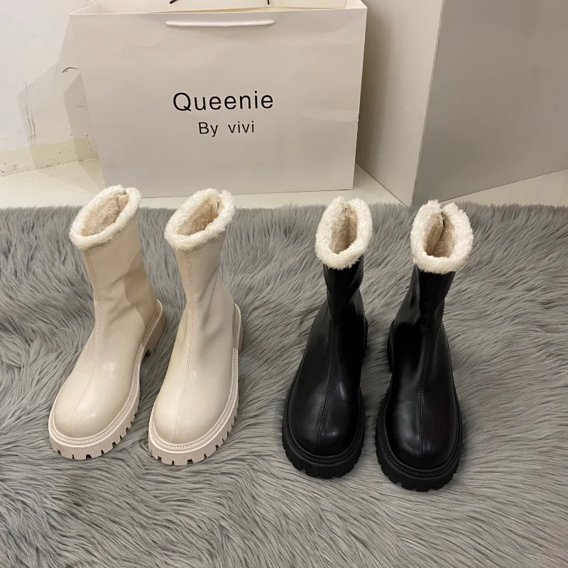 

2023 Herfst Slip-On Chelsea Laarzen Echt Koe Leer Mode Ronde-Teen Platte Platform Laarzen Dame Schoenen Winter Laarzen Vrouwen