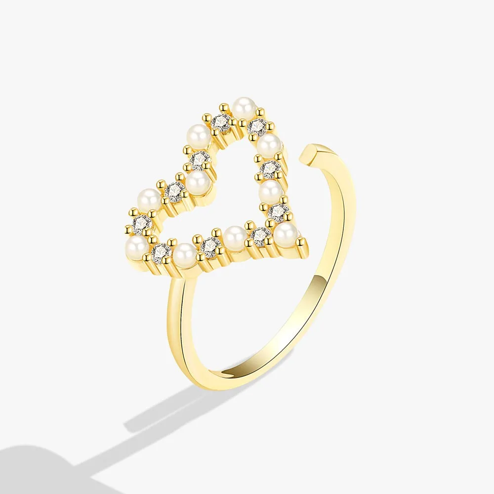 

Fashion 2022 Resizable Diamond Heart Ring Gold Love Heart Zircon Pearl Women Fashion Jewelry Ring Gift for Girlfriend