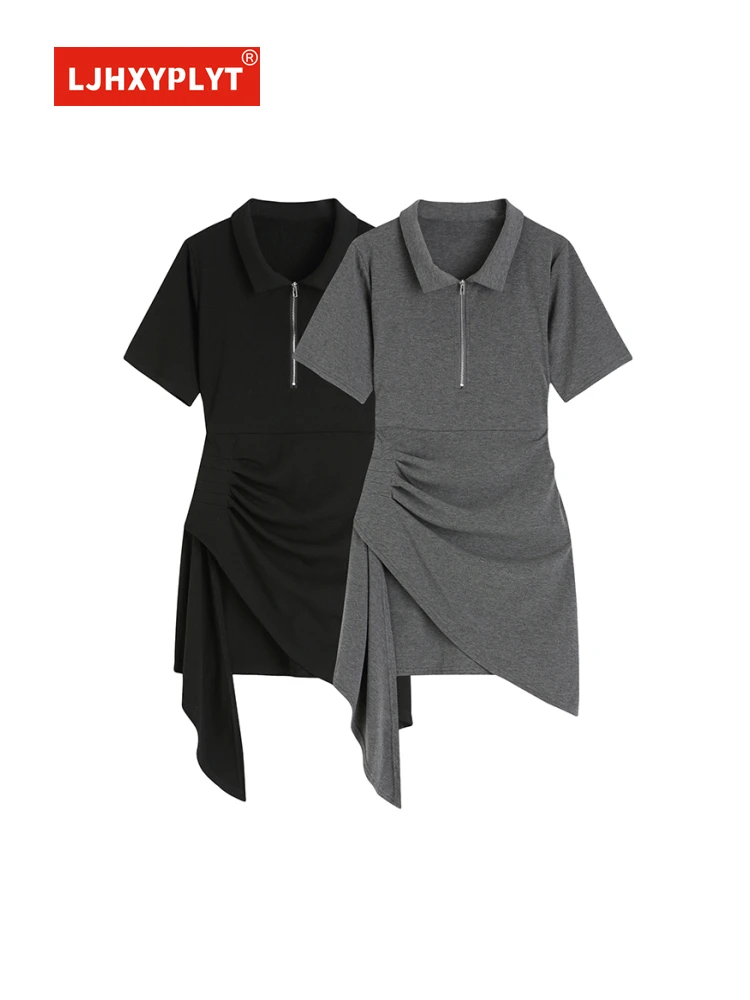 Платье-футболка асимметричное серое с воротником-поло женская летняя новая