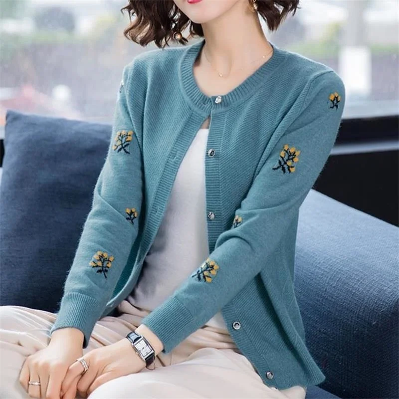 

Spring Embroidery Cardigan Women Fashion Korean Chic Single Breasted O Neck Knitted Coat Sweater Sweet Woman Long Sleeve