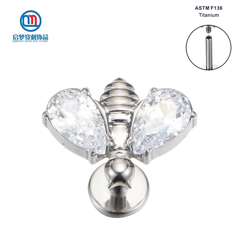 

ASTM F136 Titanium Internally Threaded Zircon Bee Tragus Ear Cartilage Labret Ring Helix Earrings Lip Stud Piercing