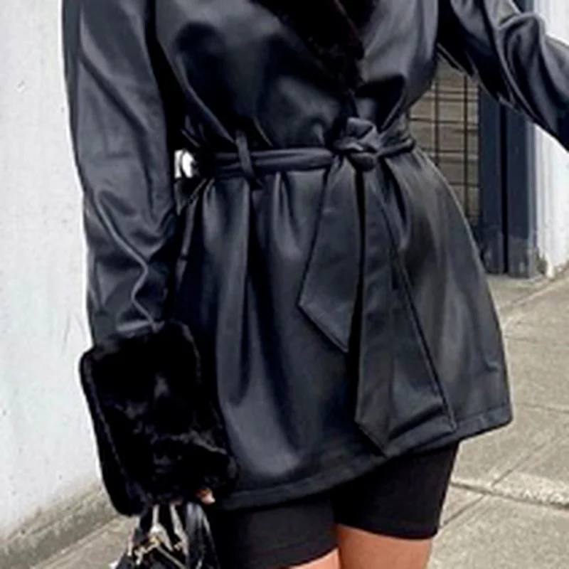 Ladies Fashion Loose Solid Color PU Leather Coat Ladies Elegant Lace-up Cotton Jacket Women Parka Coat Fur Fur Collar Leather