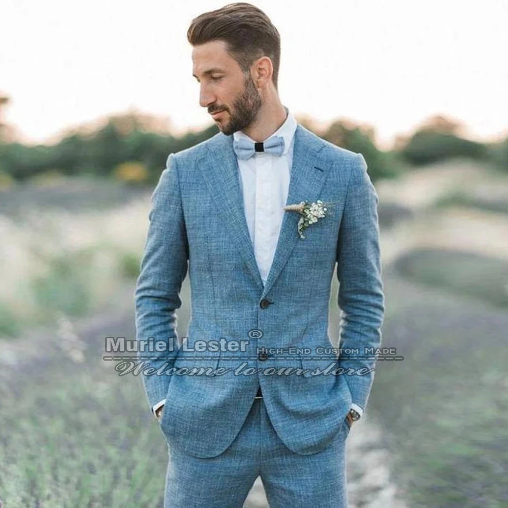 

Синие костюмы Мужская Свадебная куртка с двумя пуговицами и брюками, приталенный Красивый смокинг для жениха, индивидуальный пошив, мужской льняной блейзер