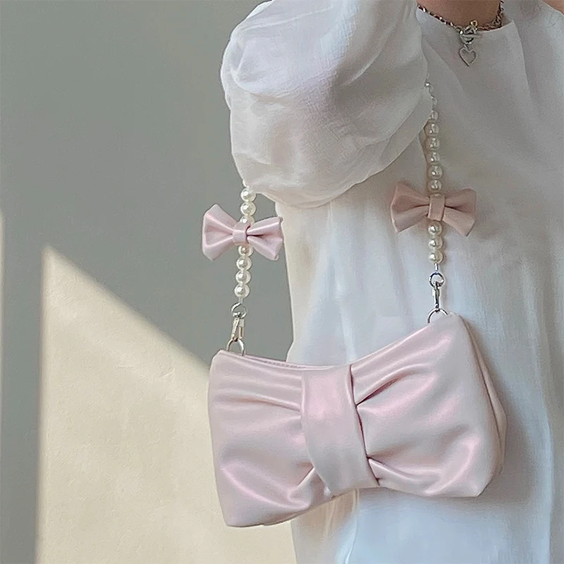 

Women's Bag 2022 Trend New Advanced Handbags for Women Commute Messenger Bag Underarm Bag Maiden Pearl Pink Bow Tie Women's Bag