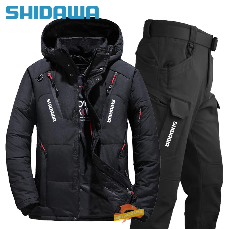 

Men Winter Coldproof Fishing Suit Outdoor Thicken Down Warm Climbing Ski Fishing Jacket Waterproof Tactical Pants Two Piece Set