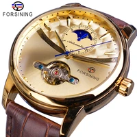 forsining retro luxury style 3 bar waterproof men automatic mechanical genuine leather wrist watch moon phase tourbillon clock
