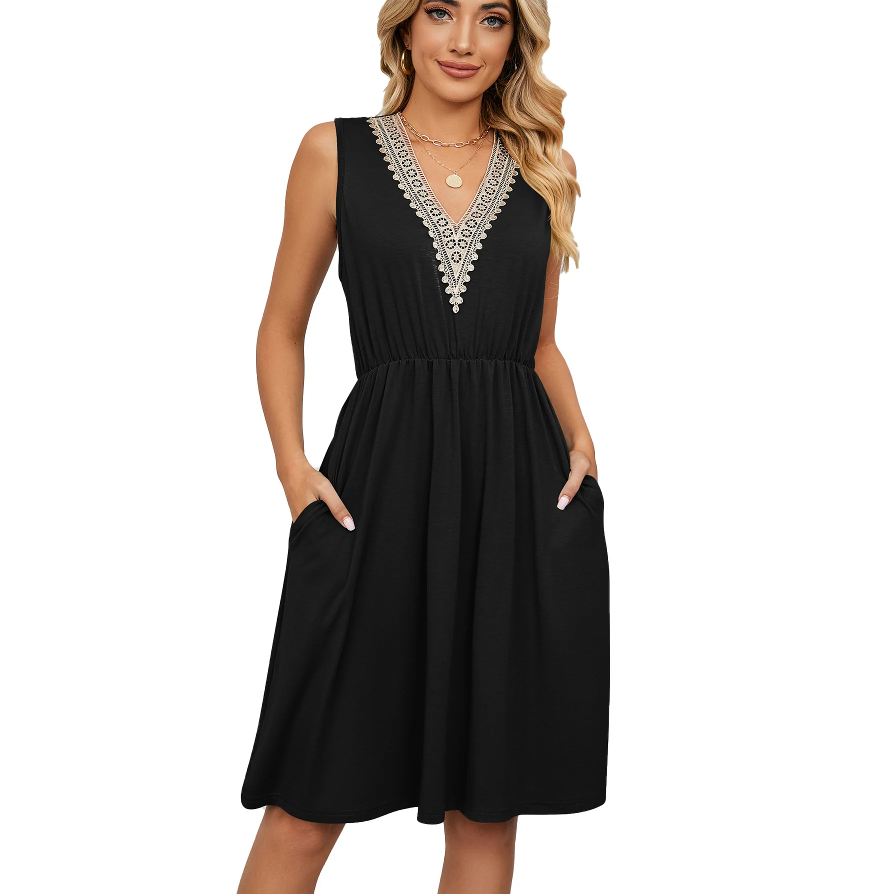 

New Ladies Cotton V-Neck Skirts Sleeveless Dress For Women Summer Style Mother Casual Holiday Style Clothes Beach Wearing