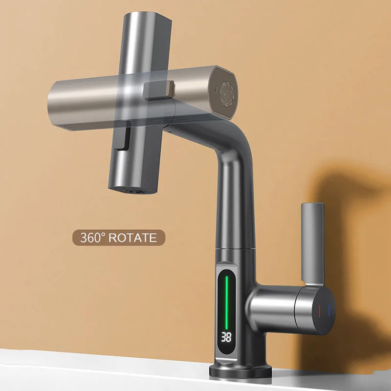 Кухонный смеситель с вытяжным подъемом ручной кран цифровым дисплеем Водопад