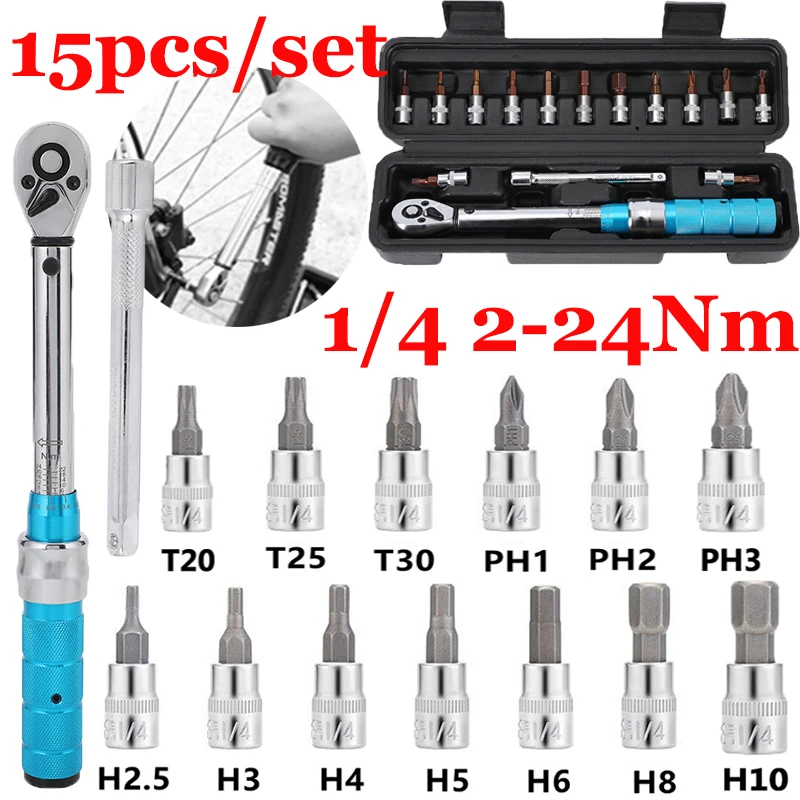 

Набор гаечных ключей, торцевой инструмент 1/4 дюйма для мотоцикла и велосипеда, комплект из 15 предметов, 2-24 нм, профессиональные комплекты, торцевой ключ, динамометрический ключ для ремонта