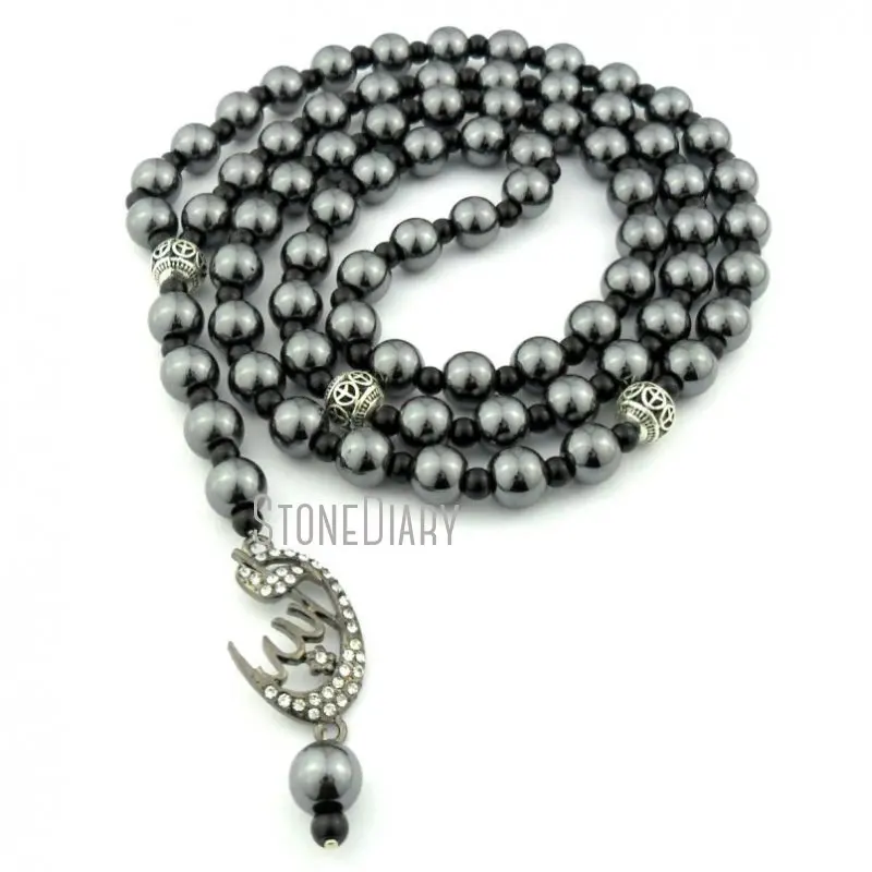 

MU14406 натуральный драгоценный камень, гематит, 99 искусственных бусин со стандартным полумесяцем, религиозное украшение Аллах