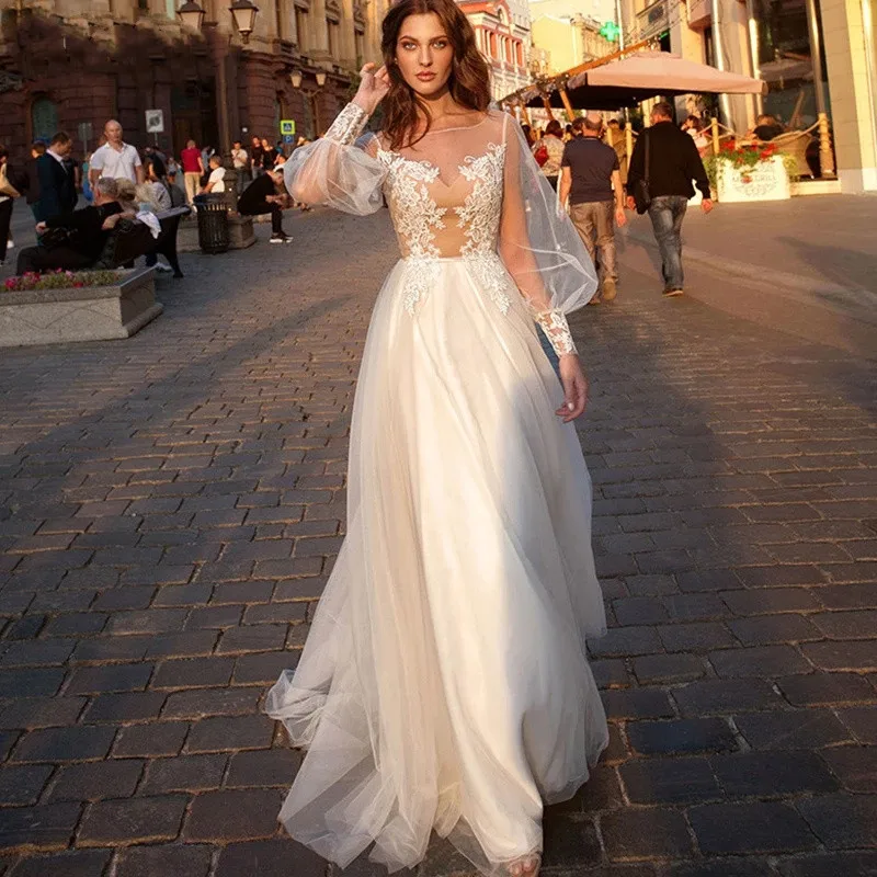 

Elegant Princess A Line Lace Wedding Dress 2022 uff Long Sleeve Sexy V Neck For Women Tulle Dresses Robe De Soirée De Mariage