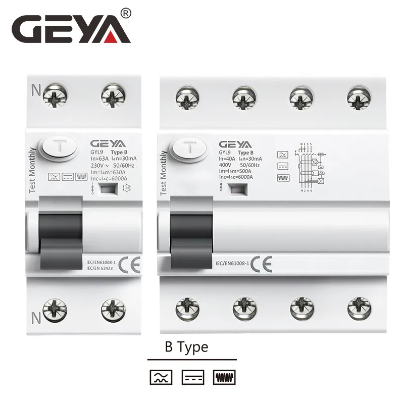 Geya Gyl9 tipo b Rcd Rccb Ruído Trilho Terra Escapamento Disjuntor Atual dc Polo 40a 63a 30ma 100ma 300ma 10ka Diret Atual 6ma