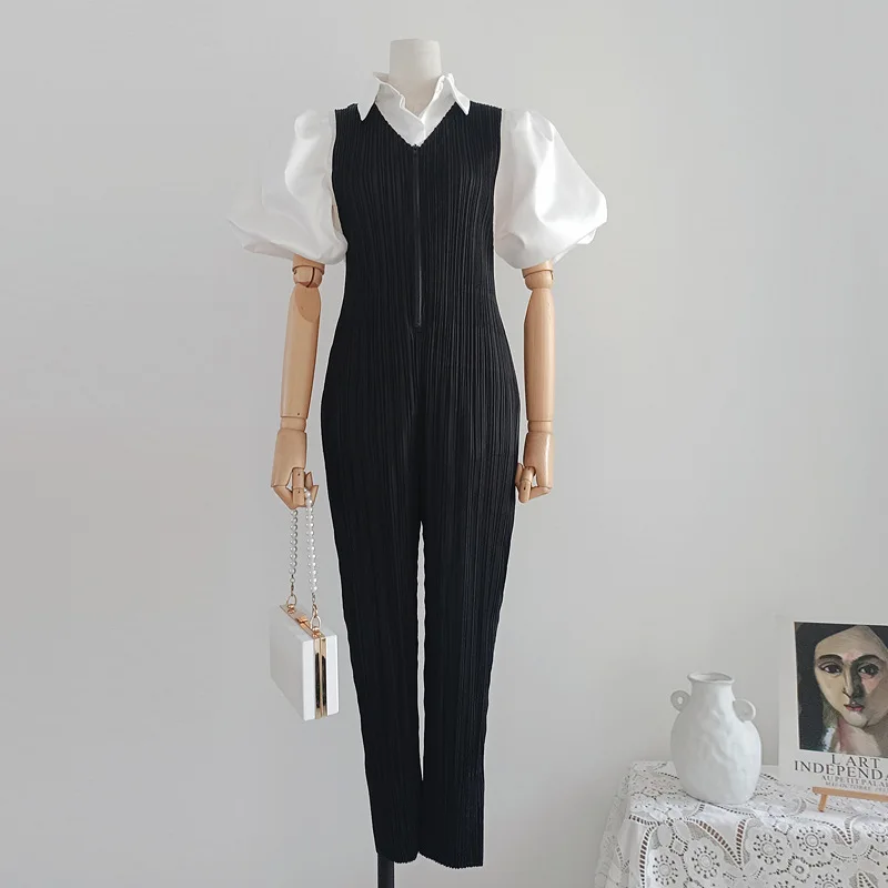 Miyake pleated jumpsuit overalls overalls waist slim V-neck women's clothing