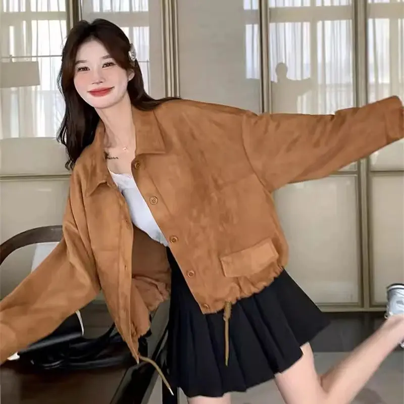 Замшевая короткая куртка в стиле ретро для женщин на весну и осень новинка 2024