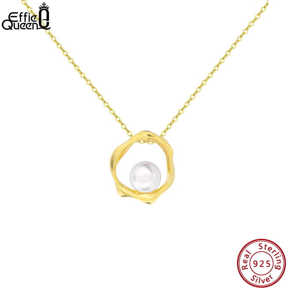 

EFFIE QUEEN Elegant 14K Gold Twisted Circle Necklace 925 Sterling Silver Natural Pearl Pendant Necklace for Women Jewelry GPN44
