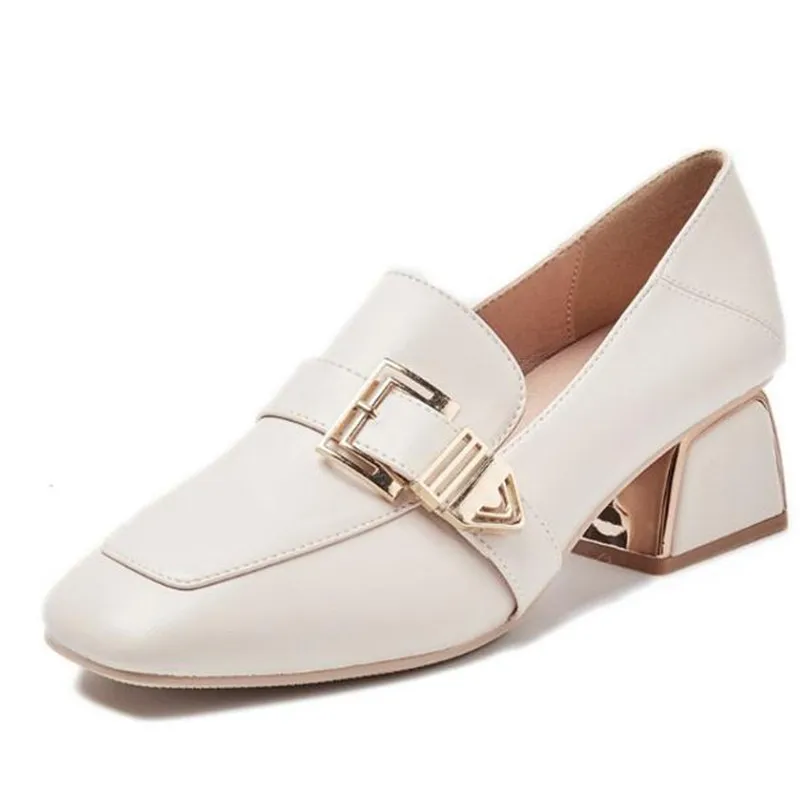 

YeddaMavis New Beige Women Single Shoes Women Pumps Square Toe Leopard Pattern Buckle Thick Heel British Female PU Leather Shoes