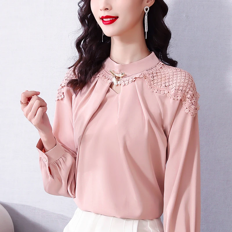 

Блузка женская однотонная с вышивкой, топ с воротником-стойкой, ажурная одежда в стиле пэчворк, Базовый Топ с длинным рукавом