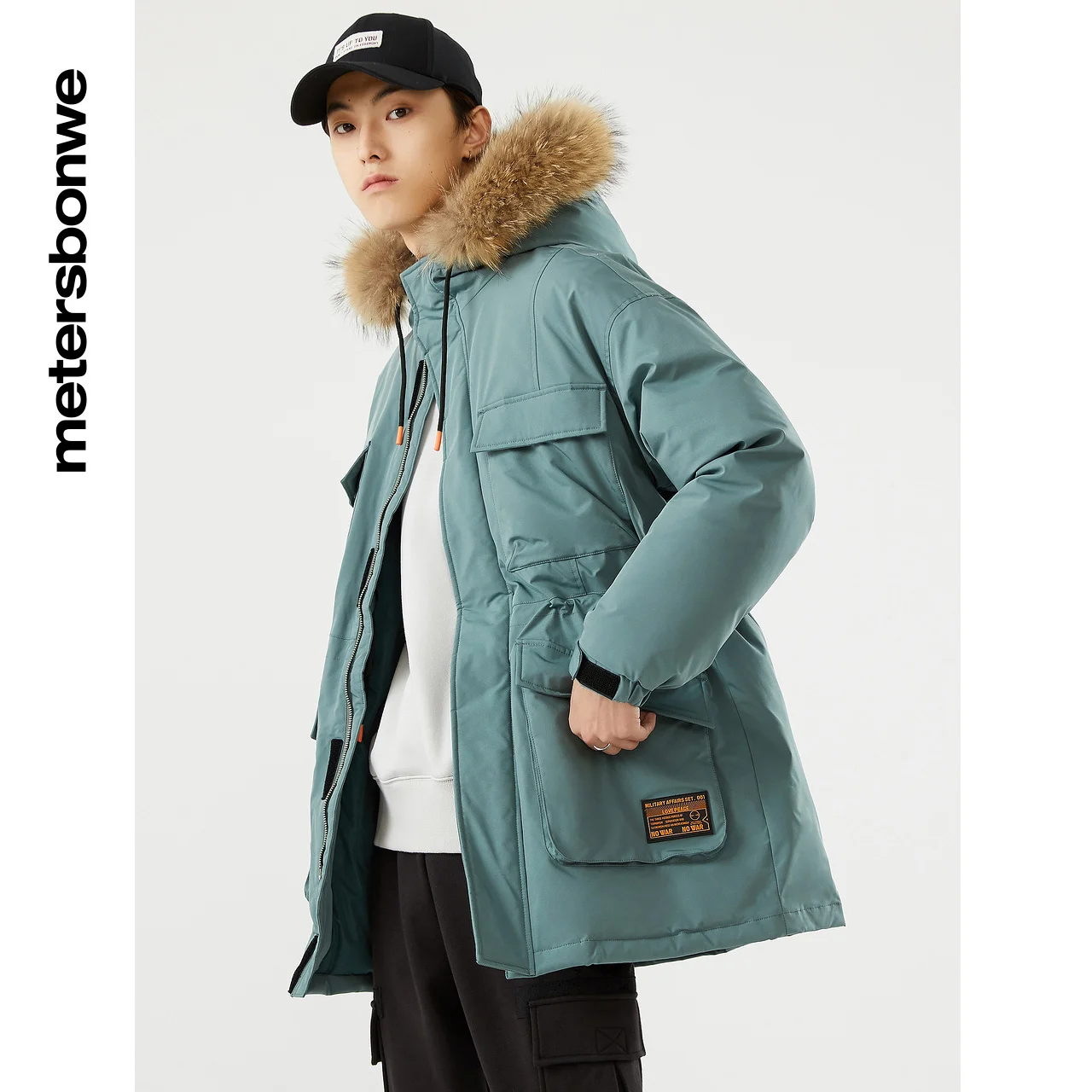 Metersbonwe Men's Winter Cargo Down Jacket Warm 80% Gray Hooded Duck Down Raccoon Hair Man Hat Brim Down Coat