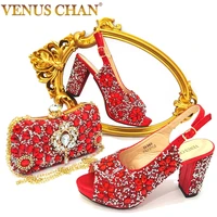 venus chan latest italian design luxury simple ladies hot sale high heel slippers and bags set party with rhinestone decoration