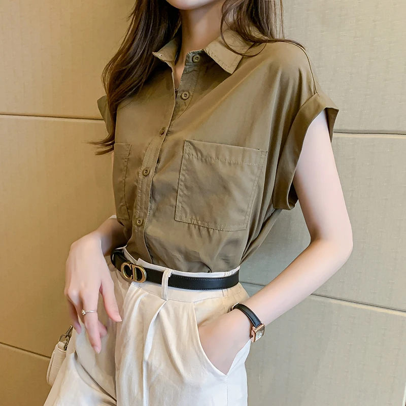 

COIGARSAM Shirt Womens Tops Summer Vintage Sleeveless Short Sleeve Loose Thin Women Shirts Dropshipping