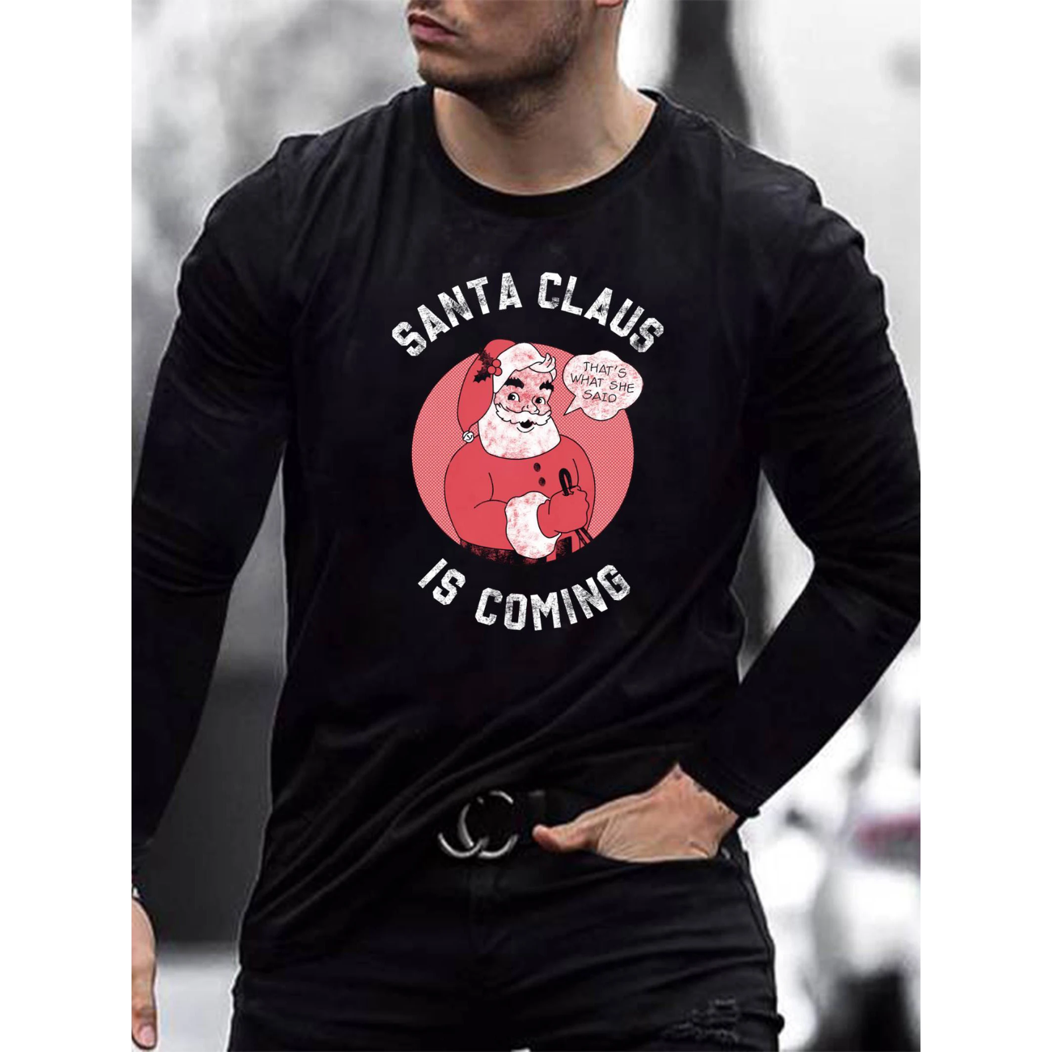 

Badassdude Santa Claus Is Coming Letter Printing Men's Casual Long Sleeved Shirt