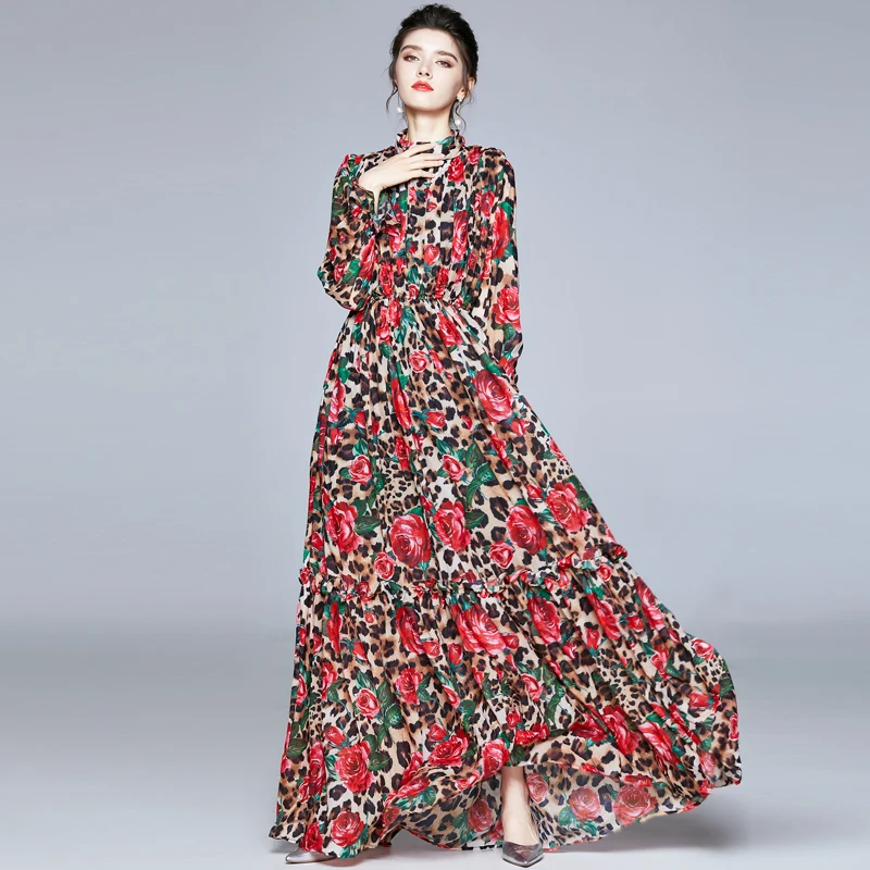 

Women Spring New Fashion Female Stand Neck Rose Floral Print Bohemia Long Sleeve Fashion Party Maxi Dress Vestidos