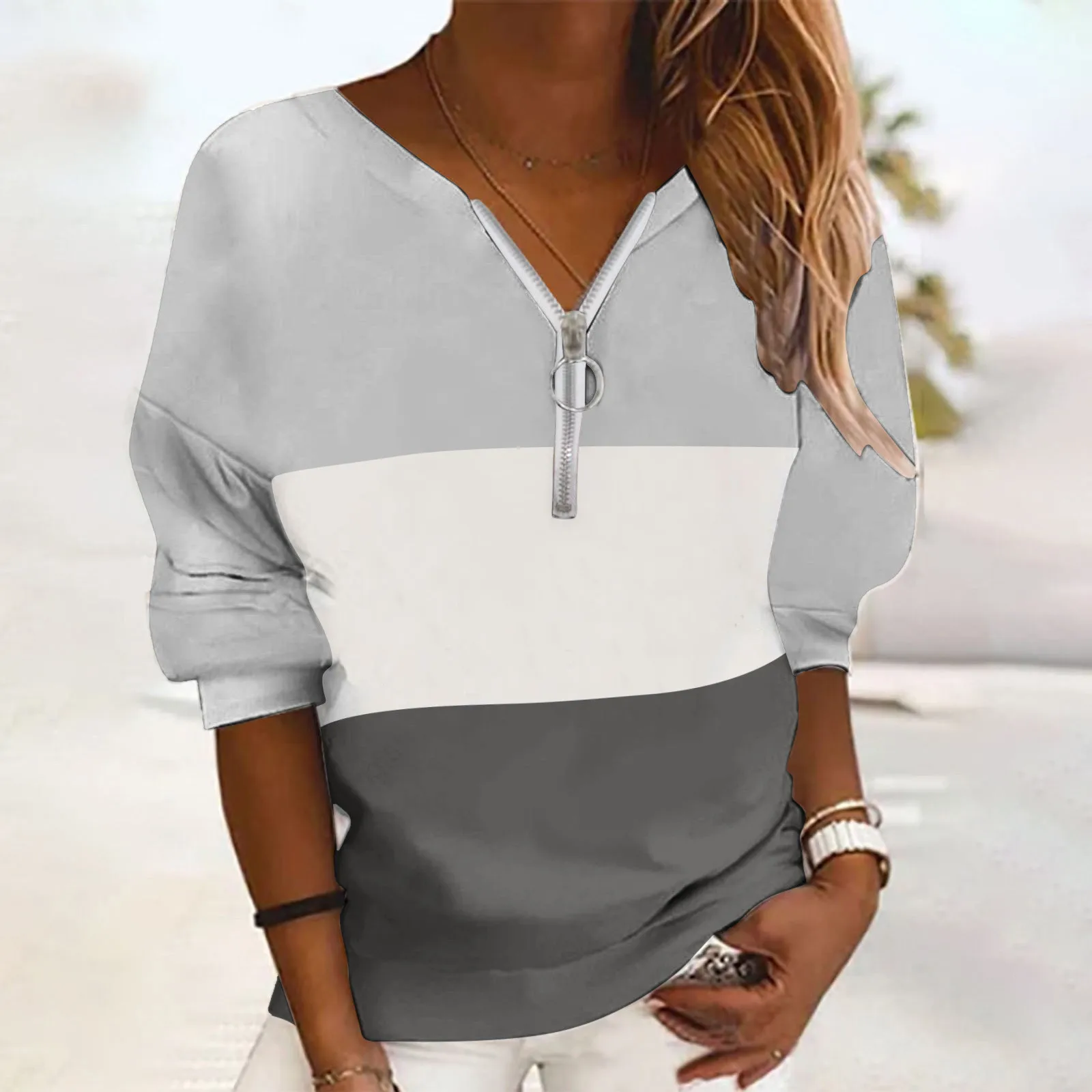

Light Lingerie Set Top T Shirt Fashion For Women Colorblock Print Long Sleeves Zipper Outdoor Fashion Women S Colla Sweater