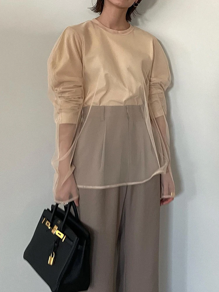 

Женские топы Y2K на весну и лето, Сетчатая футболка в стиле пэчворк, футболки с круглым вырезом и длинным рукавом