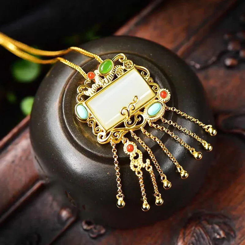 

Retro luxury natural Hetian white jade geometric tassel pendant necklace Chinese ethnic style charm female silver jewelry