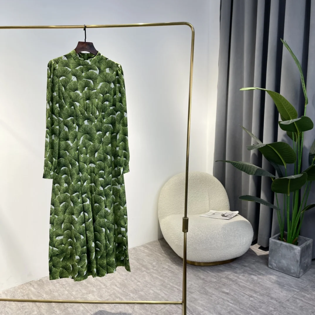 

Платья из натурального шелка Gingko Leaf Pint, весна 2022, роскошная Модная элегантная зеленая женская одежда во французском стиле с длинным рукавом