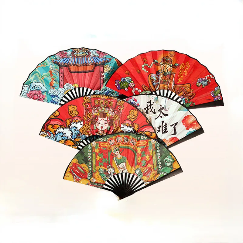 Двухсторонний складной веер из шелковой ткани банджи старинный бамбук 10 дюймов