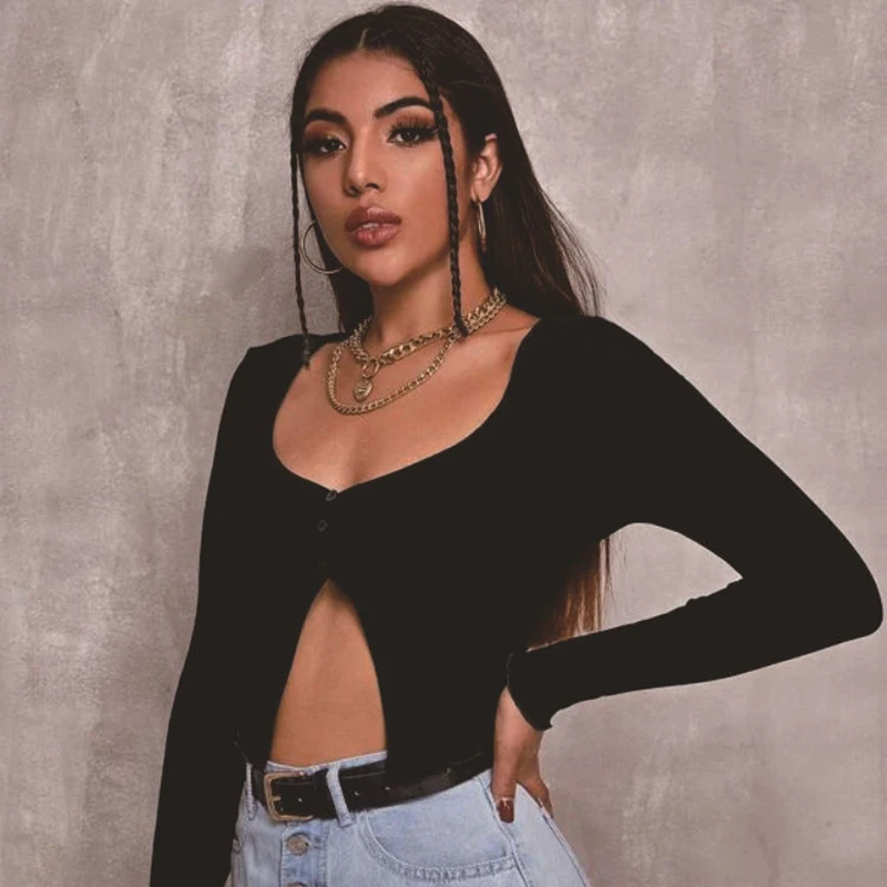 

Sexy Button Knit T-shirt Autumn Winter New Short Sleeve Crop Cardigan Top