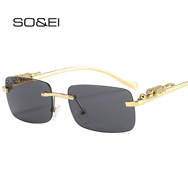 

SO&EI Fashion Rimless Rectangle Sunglasses Women Retro Cheetah Decoration Clear Ocean Lens Eyewear Men Sun Glasses Shades UV400