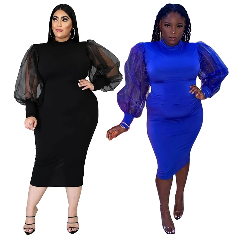 Plus Size Elegant Mesh Dress Women Solid Puff Sleeve Club Cloth Lady Casual Luxury Robe 2023 Summer Trendy Party New In Dress