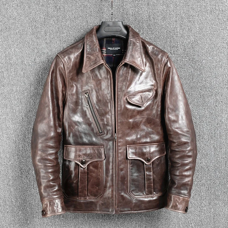 

YR!Free shipping. Brown luxury batik horsehide jacket,newsboy leather clothes,Man quality Vintage genuine leather coat,