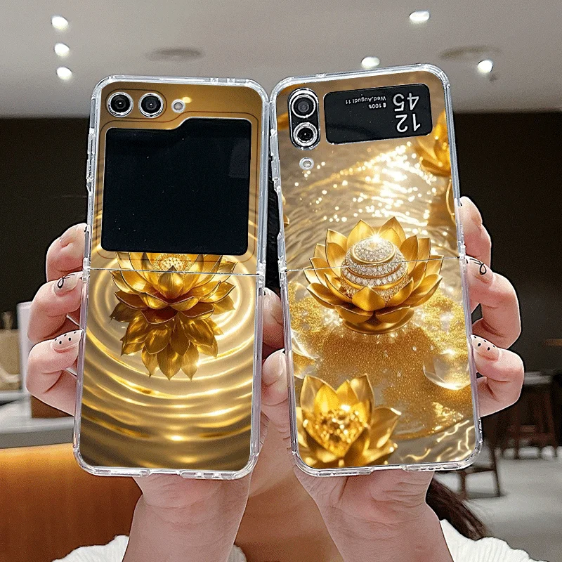 Фото Креативный чехол для телефона с золотым узором лотоса для Samsung Galaxy Z Flip 7 Flip 6 5 4 3, складной чехол для Z Flip7 Flip 5 Shell №1