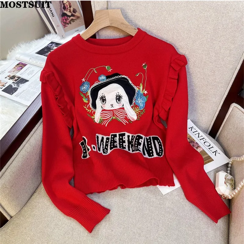 

Cartoon Embroidered Women Sweater 2023 Spring Puff Sleeve O-neck Pullover Tops Vintage Stylish Chic Fashion Jumpers Knitwear