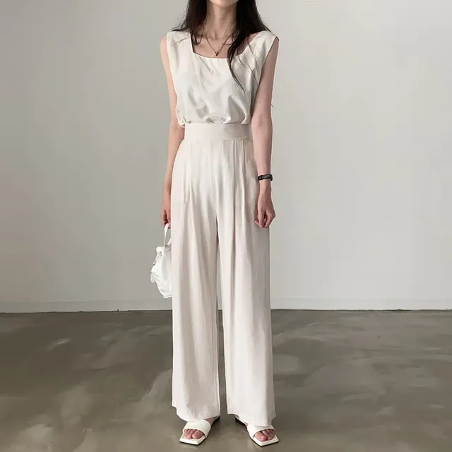 

Женский костюм из двух предметов, винтажный комплект из топа без рукавов и брюк с широкими штанинами в Корейском стиле, летний комплект из д...