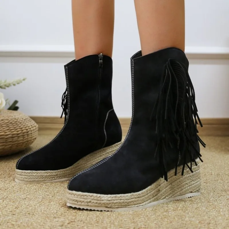 

Leather Cow Suede Women Western Boots Flat Block Heels 4cm Tassels Plus Size 41 42 43 Fashion Daily Booty