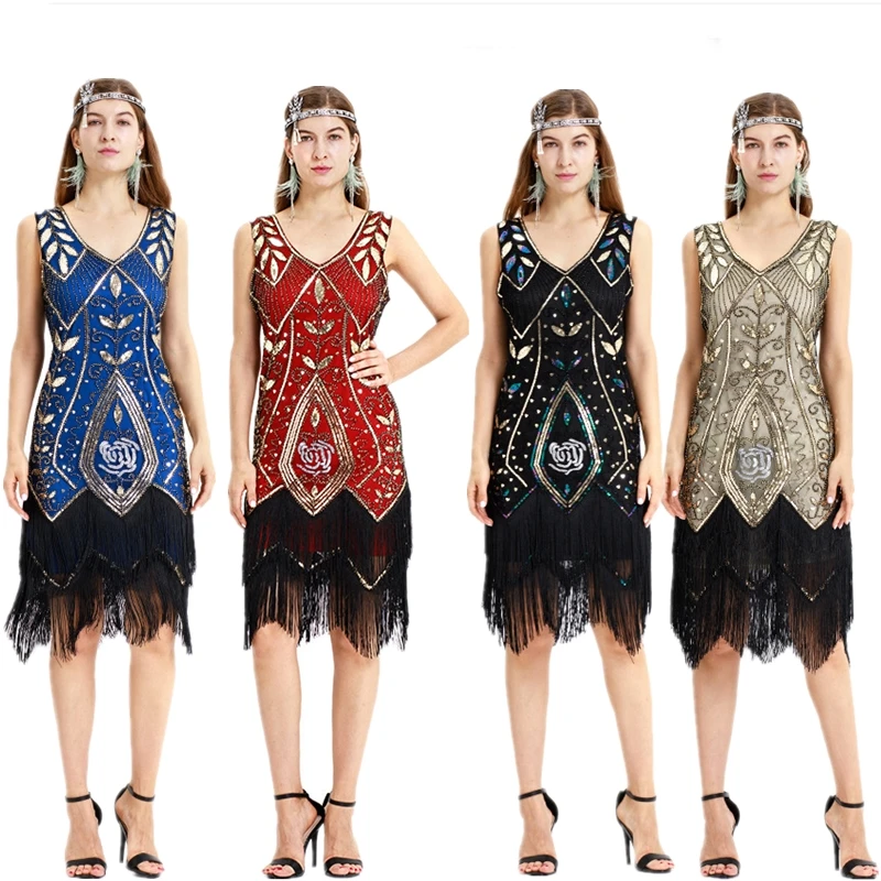 

1920S Gatsby Vintage Sequins Front And Rear V-neck Fringed Beaded Evening Dress