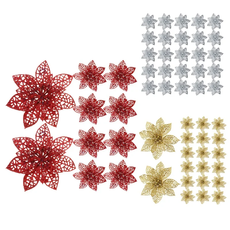 

20 Pieces Glitter Christmas Tree Ornaments Artificial Wedding Christmas Poinsettia Flowers For Festival Decoration