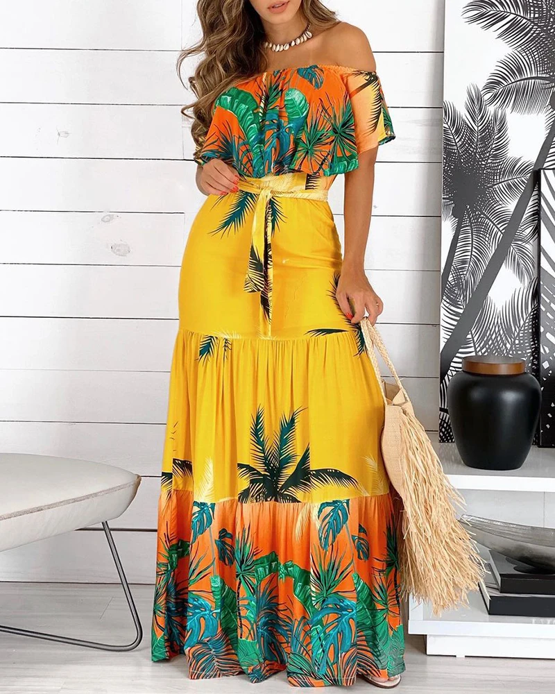 

Women In Summer 2022 Sexy Everyday Wear Off-the-shoulder Tropical Print Frilly Dress Casual Party Long Dress