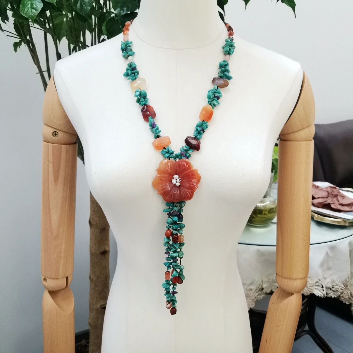 

Lii Ji Real Stone Amazonite Amethyst Agate Flower Necklace 66cm Stocksale Women Jewelry